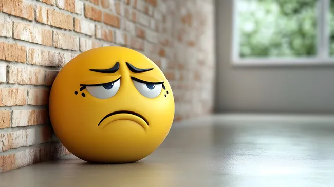 Trauriger Emoji mit nachdenklichem Blick an Backsteinwand