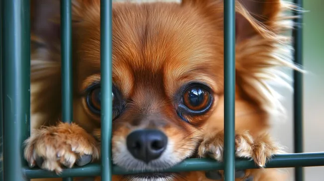 Trauriger Hund im Zwinger blickt durch Gitterstäbe