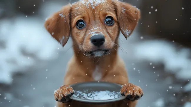Trauriger Welpe im Schnee mit leerem Napf