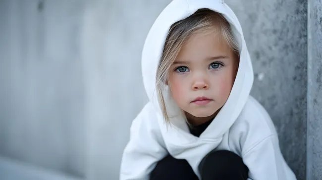 Trauriges Mädchen mit Kapuze in Grautönen