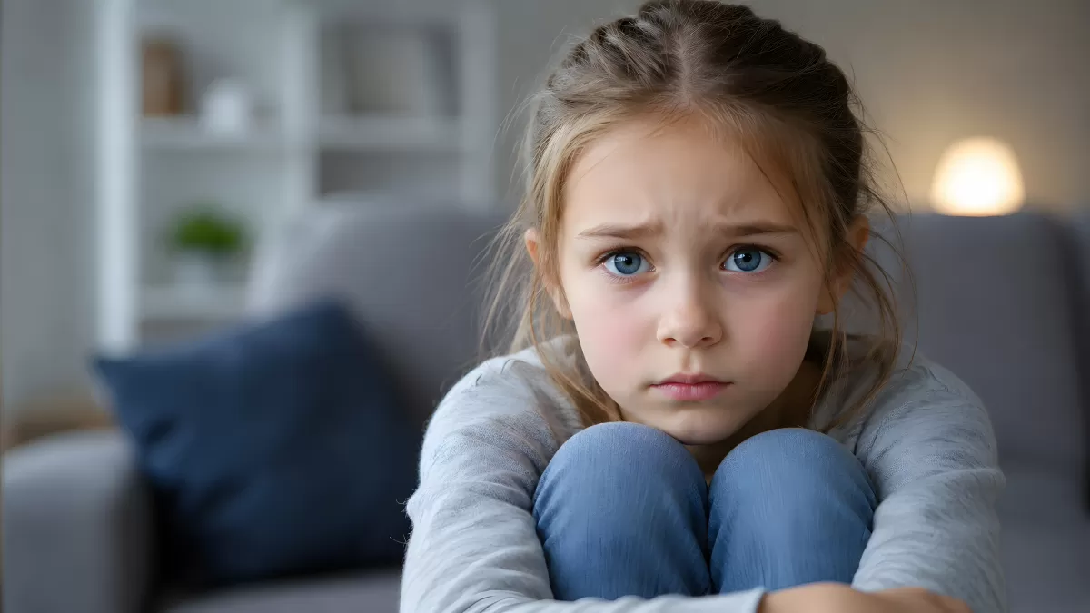 Trauriges Mädchen sitzt allein auf dem Boden