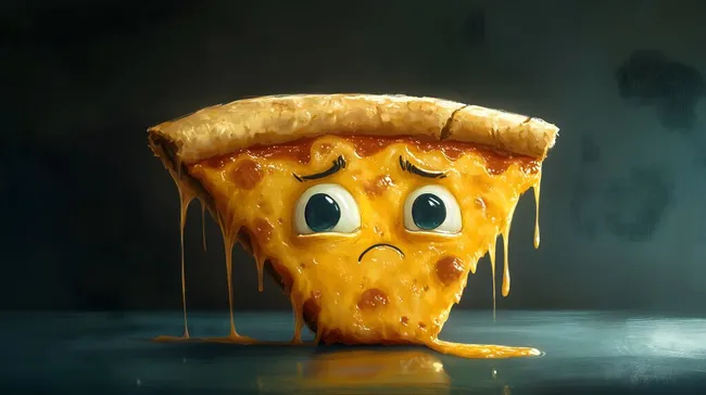 Trauriges Pizza-Stück mit hängendem Gesichtsausdruck