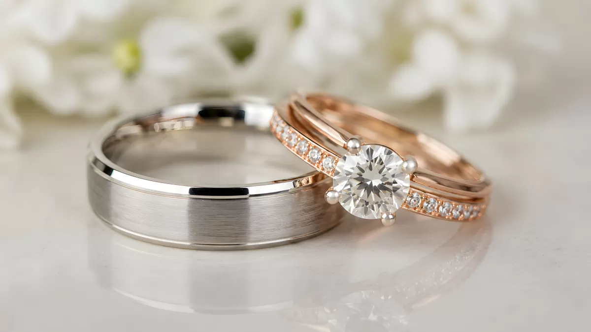 Trauring und Verlobungsring aus Weißgold und Roségold