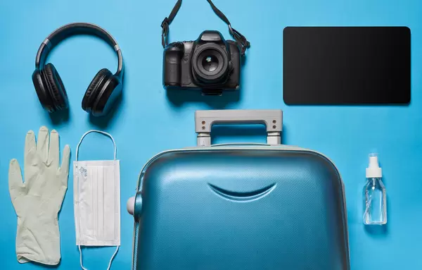 Travel pack in new realities. COVID-19 prevention while traveling and new normal lifestyle concept