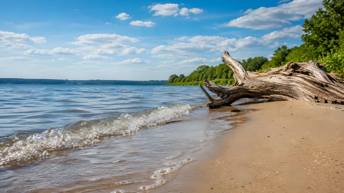 Treibholz am Sandstrand eines ruhigen Sees im Sommer