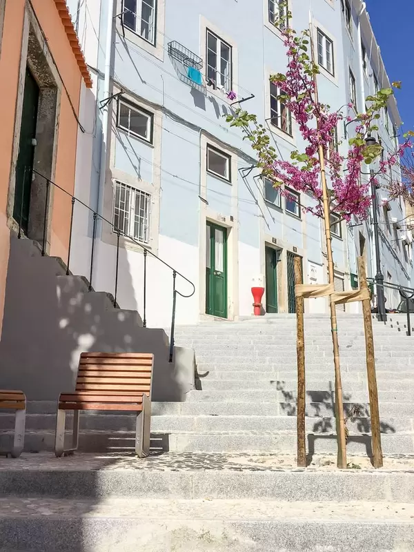 Treppe mit Bank im Sonnenaufgang