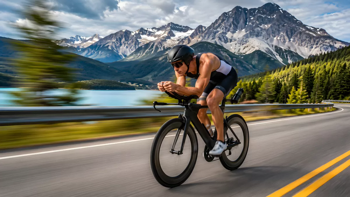 Triathlet auf Zeitfahrrad in alpiner Berglandschaft