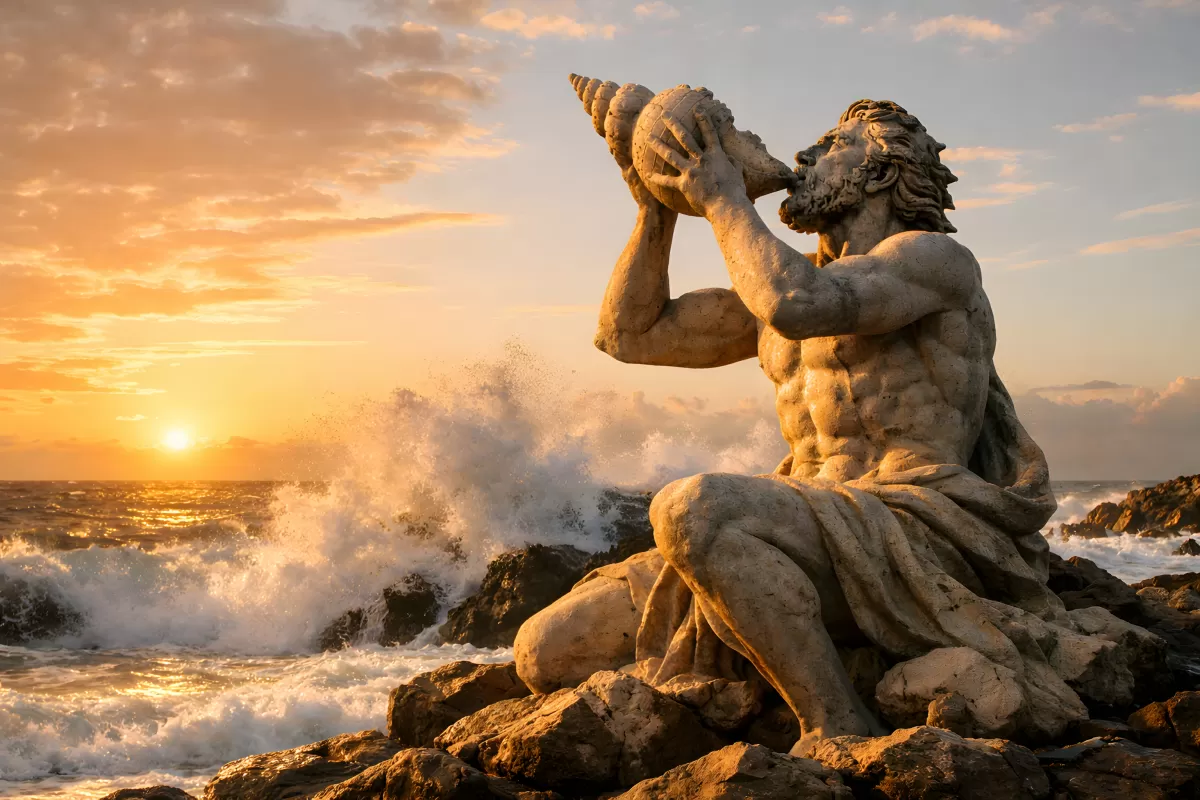 Triton-Statue bläst Muschel am felsigen Meeresküste