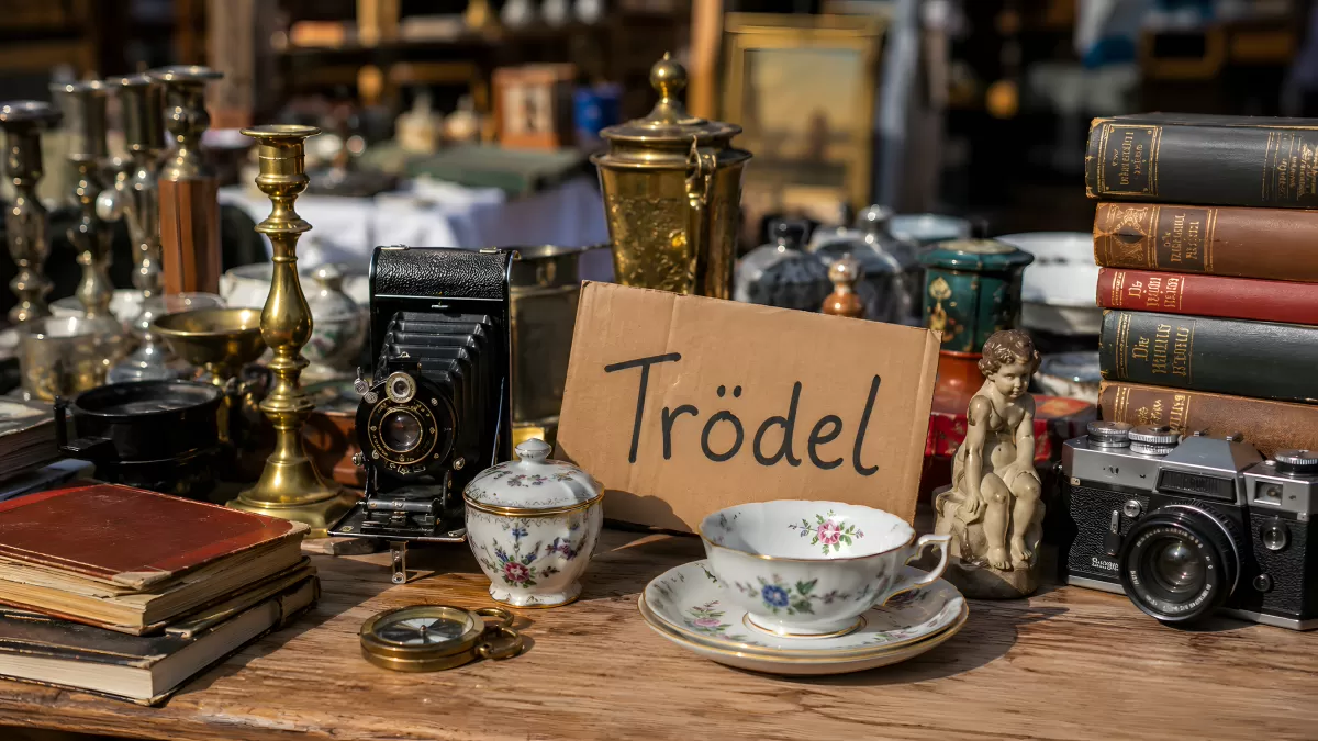 Trödelmarkt-Stillleben mit Antiquitäten auf Holztisch