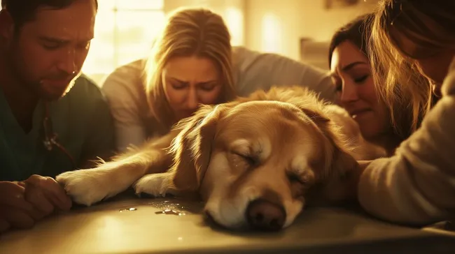 Tröstende Familie verabschiedet sich vom Familienhund