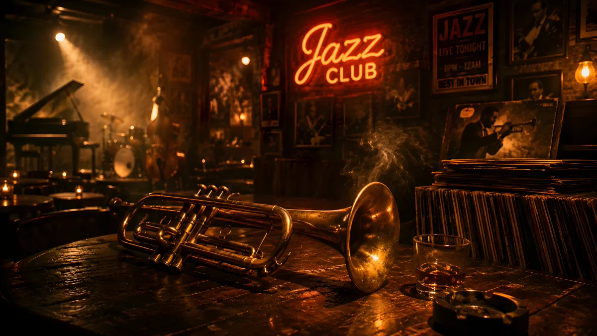 Trompete auf Holztisch in stimmungsvollem Jazzclub