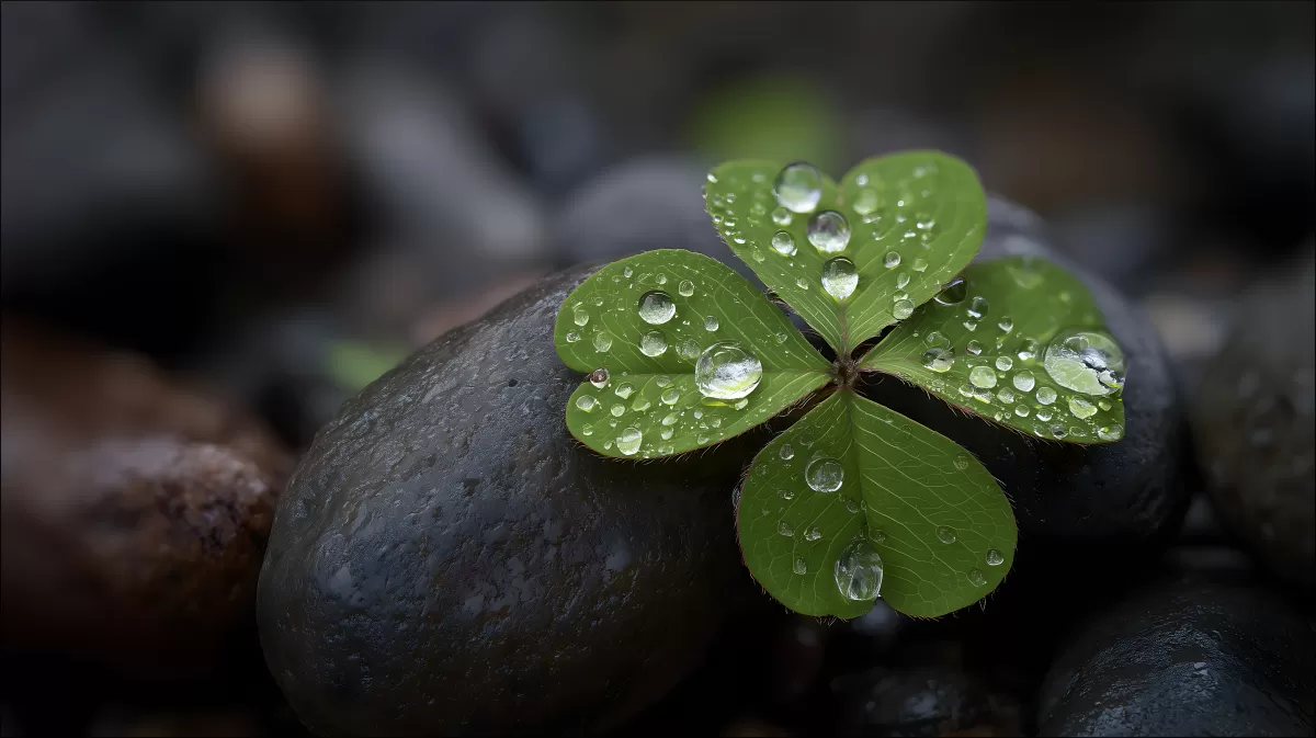 Tropfenbedecktes Kleeblatt auf Steinen