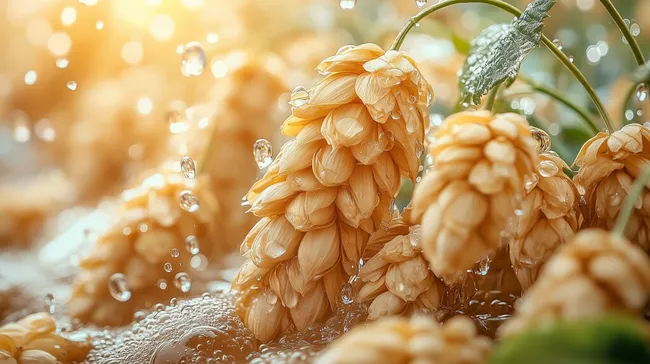 Tropfende Hopfenblüten in warmer Morgensonne