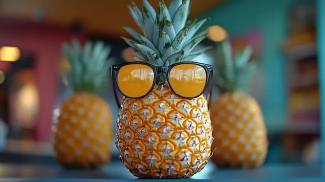 Tropische Ananas mit Sonnenbrille in sommerlicher Szenerie