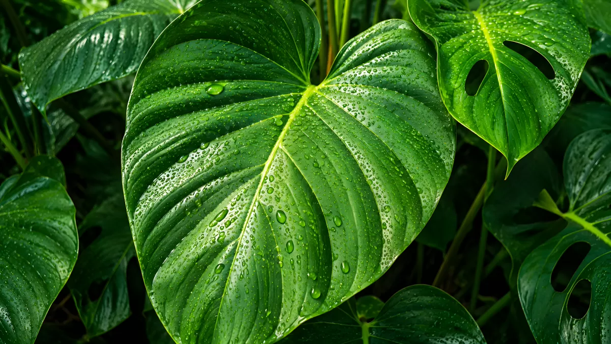 Tropische Blätter mit Wassertropfen nach dem Regen