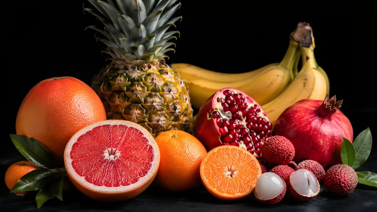 Tropische Früchte auf dunklem Hintergrund arrangiert