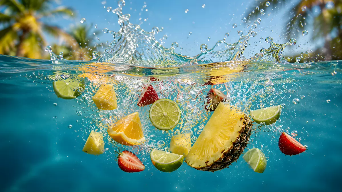 Tropische Früchte planschen im türkisblauen Wasser