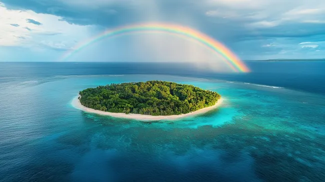 Tropische Insel im Paradies mit Regenbogen