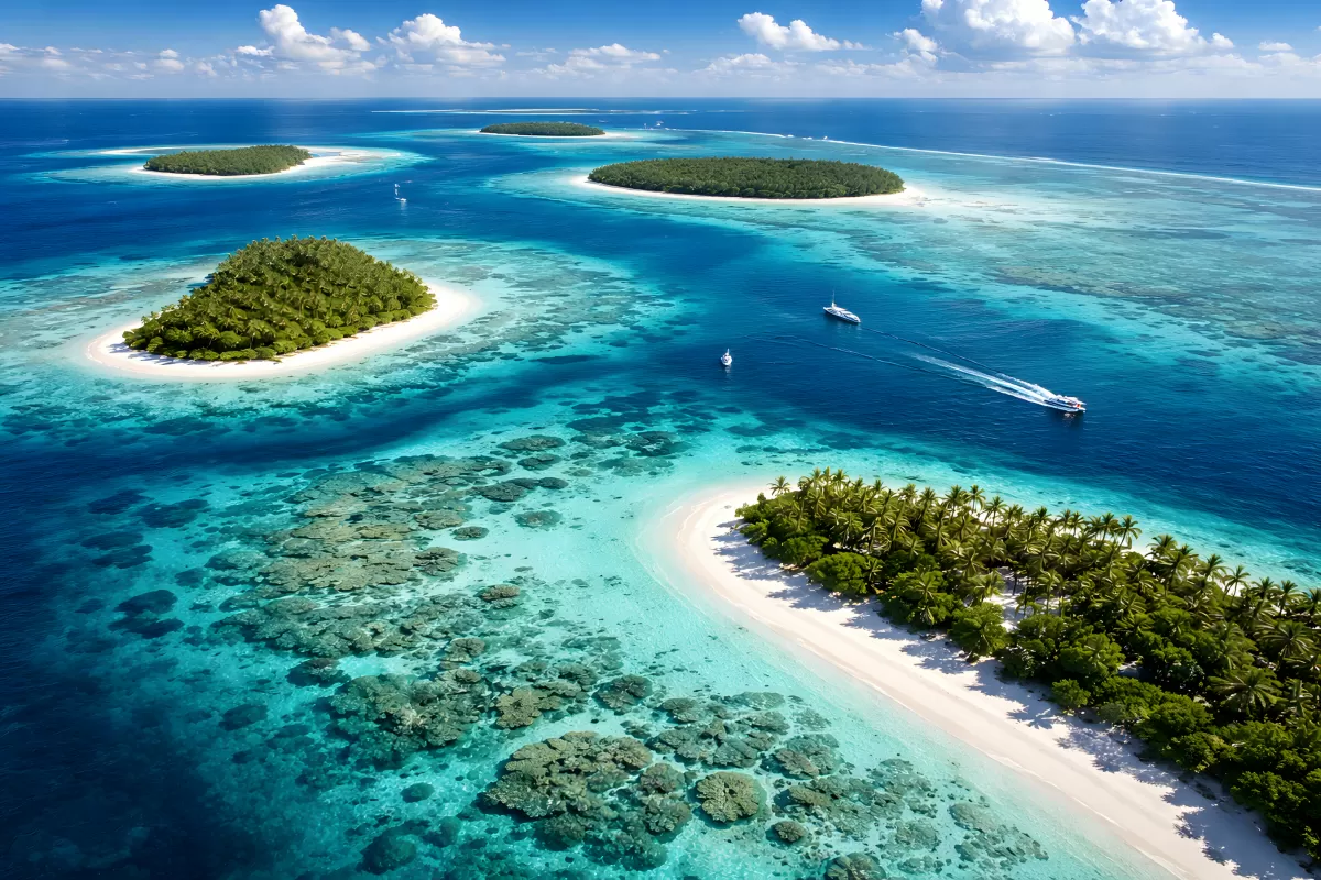 Tropische Inselgruppe mit Korallenriff aus der Vogelperspektive