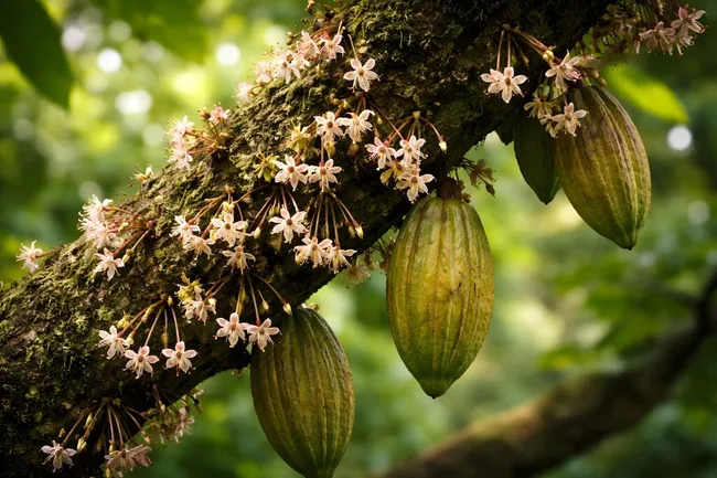 Tropische Kakaofrüchte auf verwittertem Baumstamm