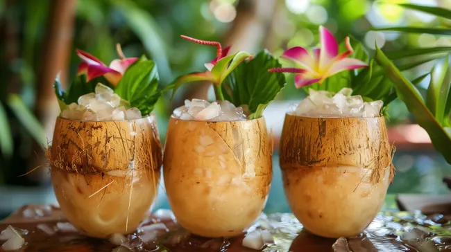 Tropische Kokosnusscocktails mit dekorativen Blumen