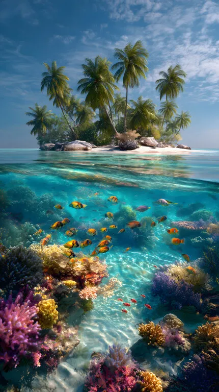 Tropische Koralleninsel mit Palmen und bunter Unterwasserwelt