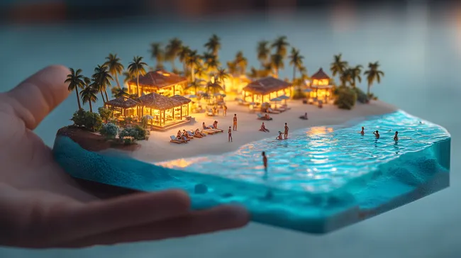 Tropische Miniaturinsel mit Palmen und Strandbar