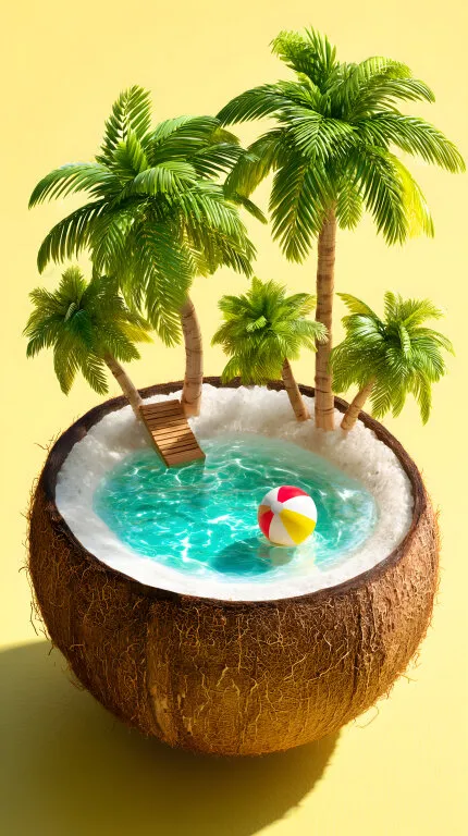 Tropische Miniaturlandschaft mit Kokosnuss-Badebecken