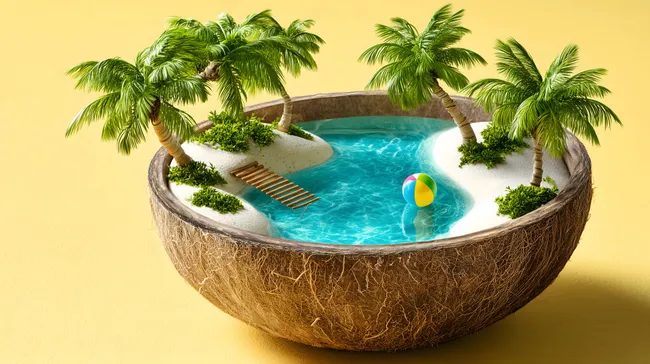 Tropische Oase in Kokos-Schale mit Palmblättern