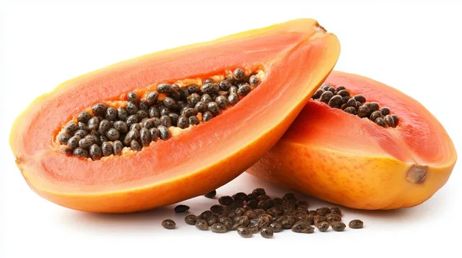 Tropische Papaya mit Samen auf weißem Hintergrund