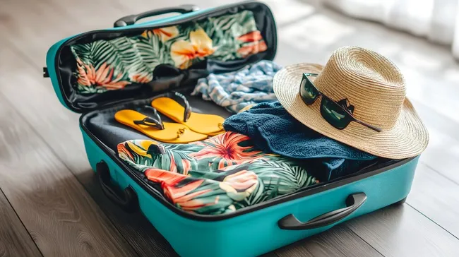 Tropische Urlaubsutensilien in farbenfroher Reisetasche