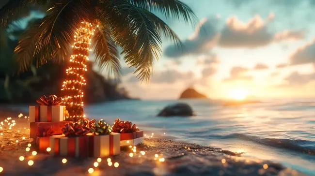 Tropische Weihnachtsfeier am Strand mit Geschenken