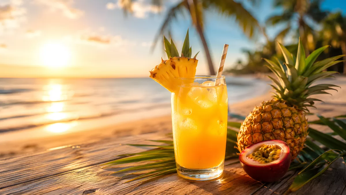 Tropischer Ananassaft am Strand bei Sonnenuntergang