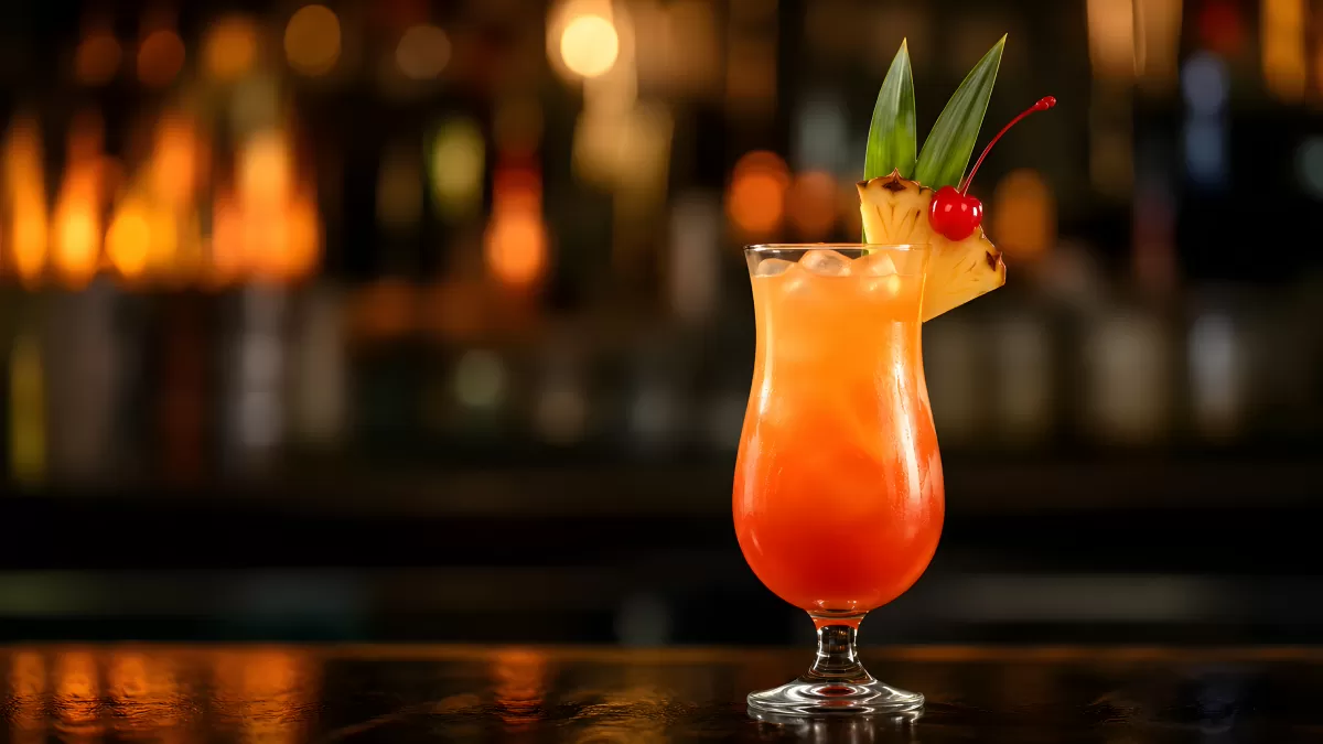 Tropischer Cocktail mit Kirsche und Ananas an der Bar