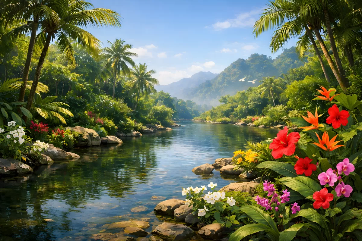 Tropischer Fluss mit Blumen und Palmen im Dschungel