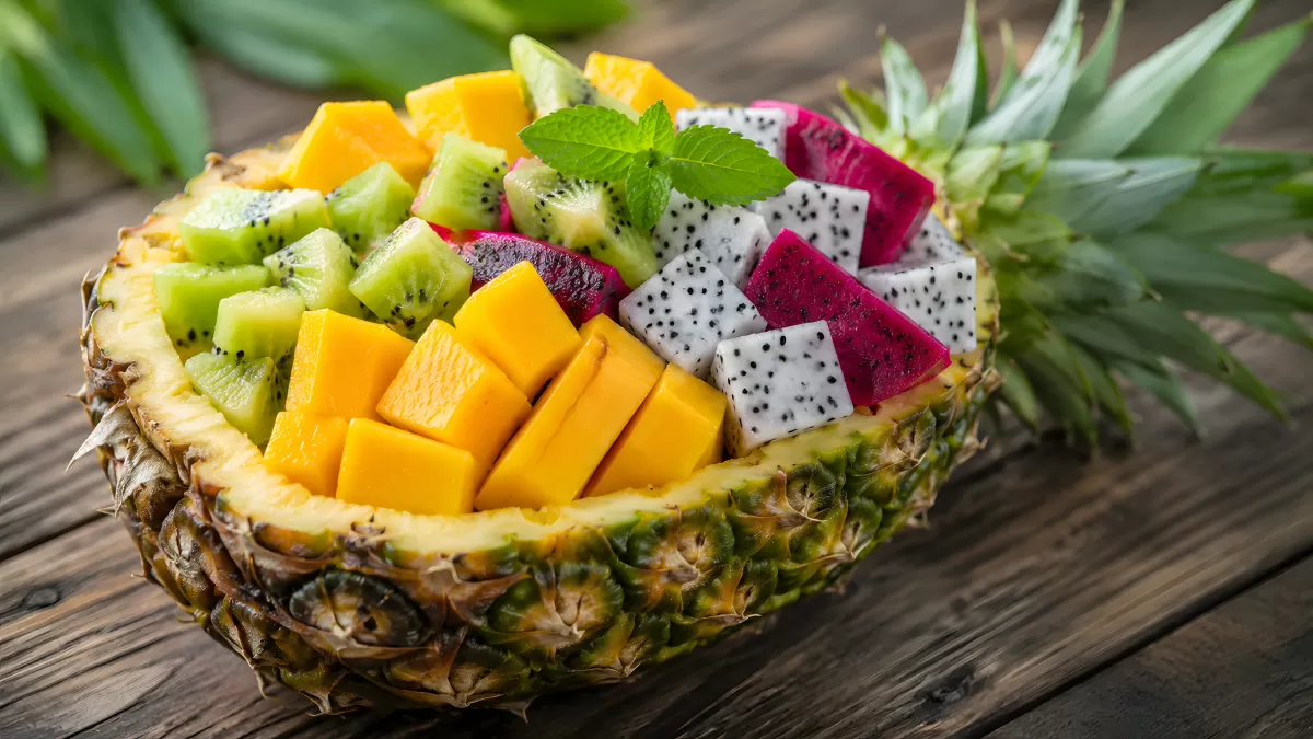 Tropischer Fruchtsalat in einer halben Ananas