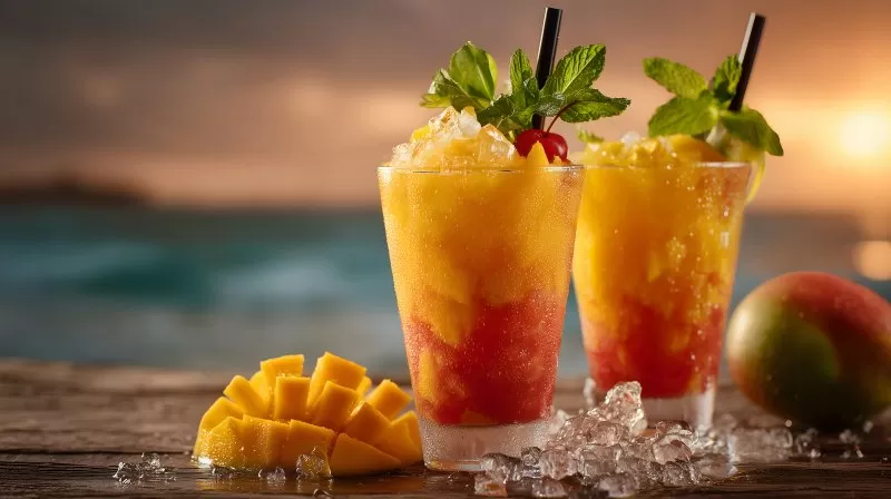 Tropischer Mango-Orangen-Cocktail mit Eis am Strand bei Sonnenuntergang