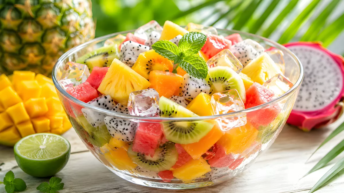 Tropischer Obstsalat in Glasschüssel mit Eiswürfeln