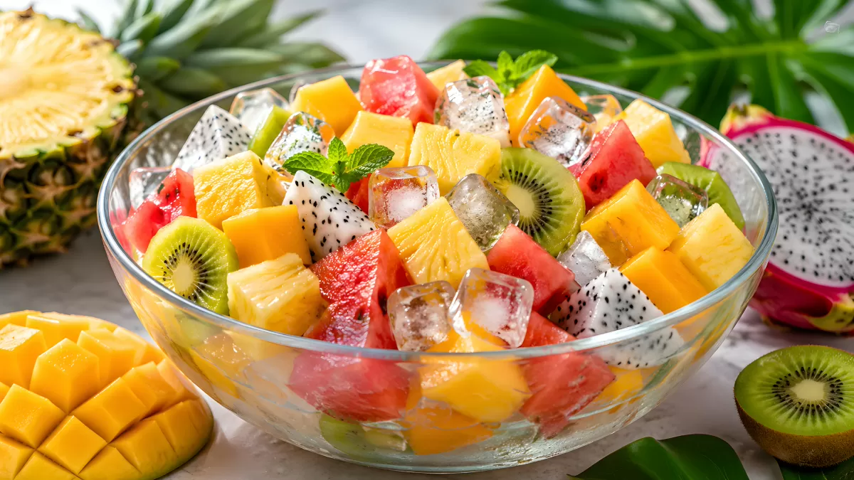 Tropischer Obstsalat mit Eiswürfeln in Glasschüssel