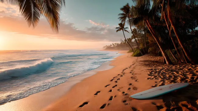 Tropischer Palmenstrand bei Sonnenuntergang auf Hawaii