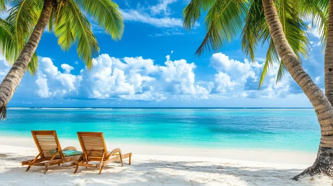 Tropischer Paradiesstrand mit Palmwedeln und Liegestühlen