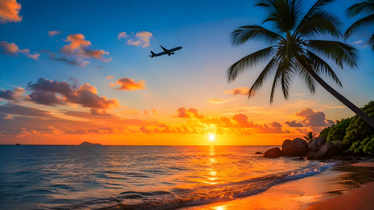 Tropischer Sonnenuntergang am Strand mit Flugzeug
