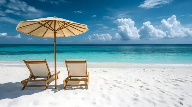 Tropischer Strand mit Liegestühlen und Sonnenschirm
