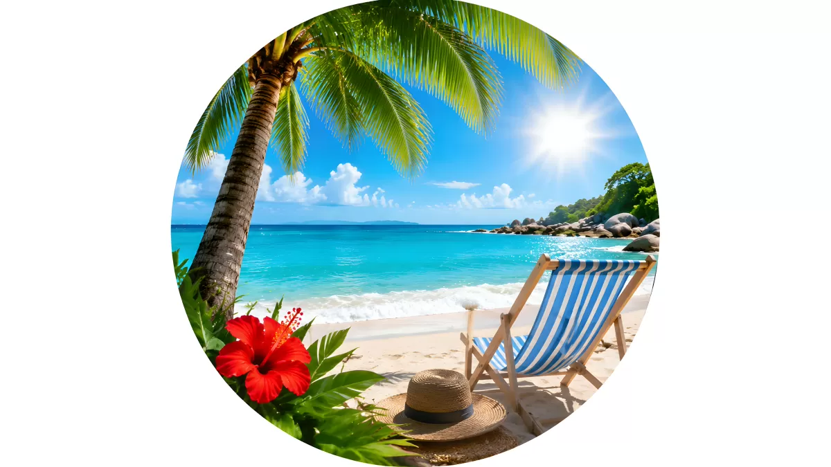 Tropischer Strand mit Palme, Liegestuhl und Hibiskus