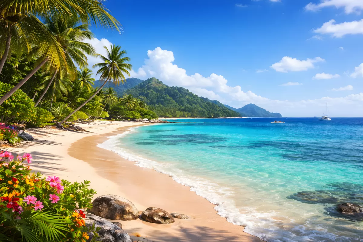 Tropischer Strand mit Palmen und türkisblauem Meer