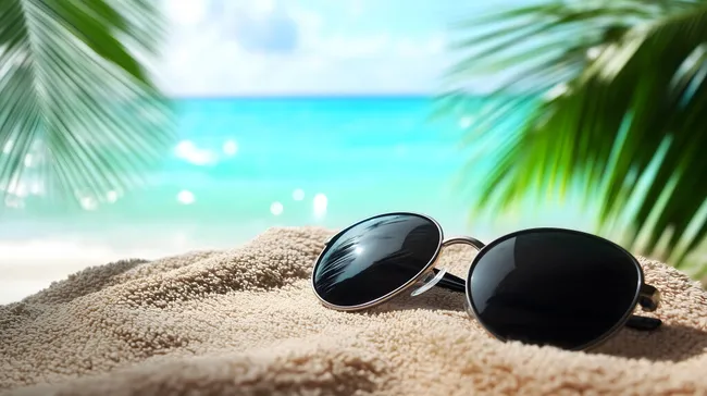 Tropischer Strand mit Sonnenbrille im Sand