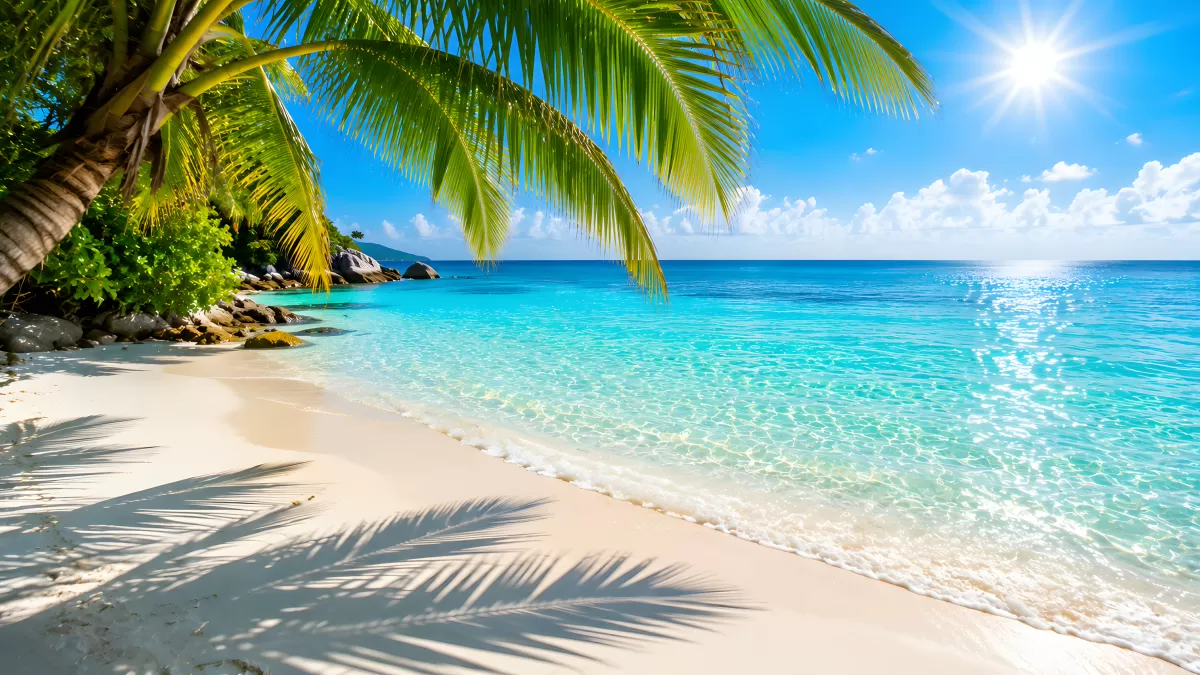 Tropischer Strand mit türkisem Wasser und Palmen