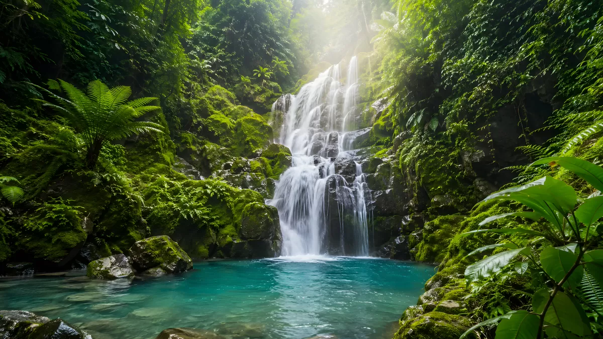 Tropischer Wasserfall mit türkisblauem Naturbecken