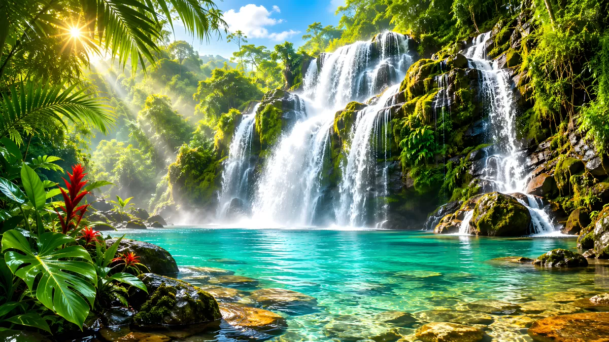 Tropischer Wasserfall mit türkisem Becken im Dschungel
