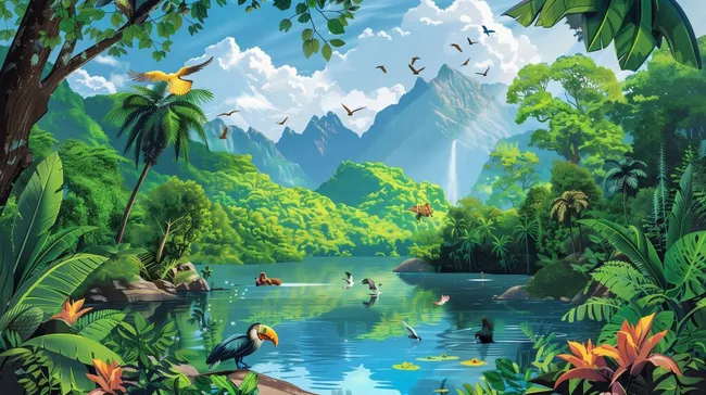 Tropisches Dschungelpanorama mit exotischen Tieren